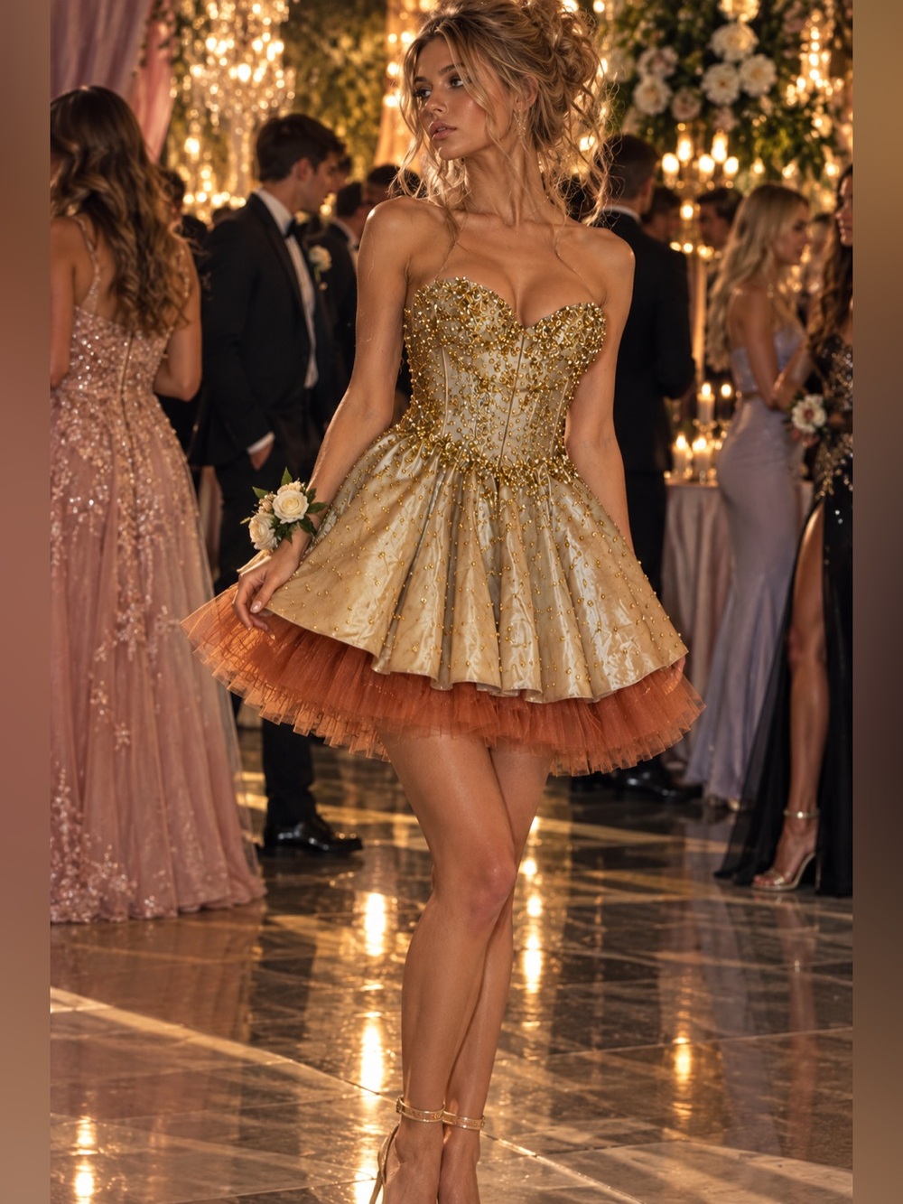 Cinderella Hand Beaded Gold Sequin Corset Mini Dress Tulle Party Prom